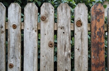 Fototapeta premium Weathered wooden fence with vertical planks and visible knots on a garden background