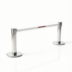 Modern retractable barrier with silver posts and red indicator tape  