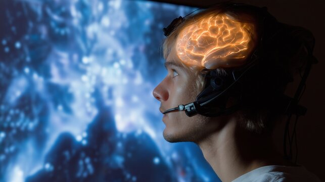 Young man wearing a headset with a glowing orange brain on his head. he is looking up towards the sky with a serious expression on his face.