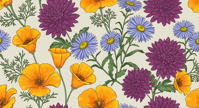 Floral pattern vivid colors and detailed botanical illustration