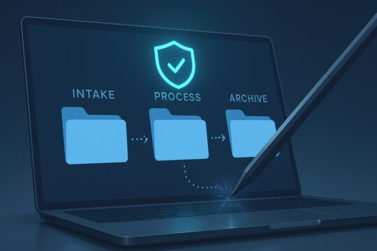 Futuristic digital file workflow with secure process and archive folders glowing holographic interface
- Powered by Adobe