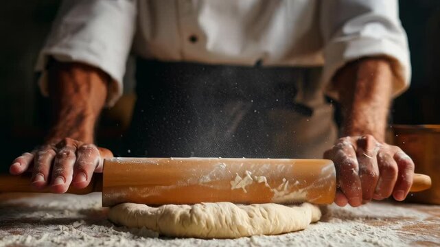 A chef is making a pizza dough with a rolling pin. The dough is covered in flour and the chef is using his hands to shape it. The scene is lively and energetic, with the chef focused on his task