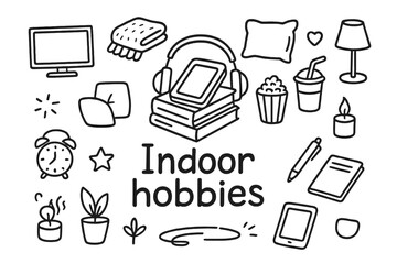 Indoor Hobbies Doodle. Indoor hobbies. Hand-drawn doodle illustration of Indoor hobbies. In the middle, one