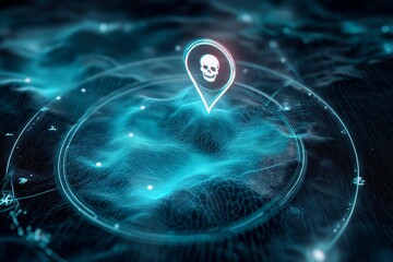 Futuristic digital map with glowing skull location marker representing cyber horror gothic halloween spooky supernatural design theme, Generative AI