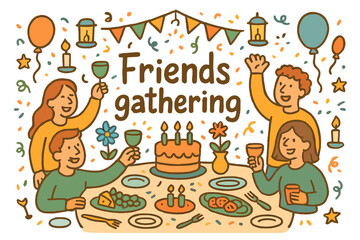 Fototapeta premium Celebration with Friends. Friends gathering. Hand-drawn doodle illustration of Friends gathering. friends,