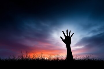 Zombie hand rising from grave reaching toward full moon in spooky halloween horror atmosphere with eerie supernatural gothic design, Generative AI