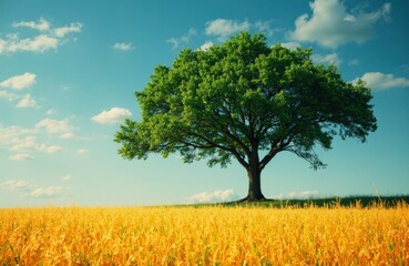 Fototapeta premium A solitary green tree stands prominently in a golden field under a bright blue sky with scattered clouds