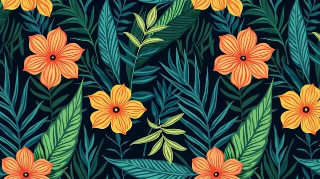 Vibrant tropical foliage pattern with a dark background, suitable for graphic design, wallpaper or textile..