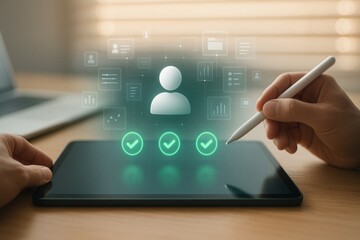 Tablet with holographic hr profile interface showing digital employee verification checklist and approval icons