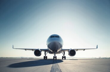 Obraz premium Commercial airplane parked on runway with clear sky background