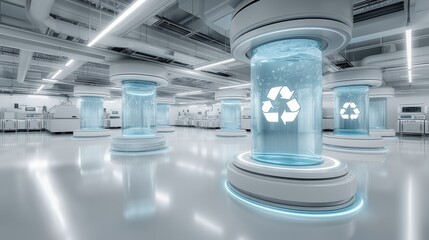 Futuristic recycling laboratory with glowing eco chambers and high tech design representing sustainability innovation clean energy and green technology, Generative AI