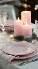 Elegant christmas dinner table with pink candles delicate plates lace napkins and festive decoration in soft romantic coquette style. 