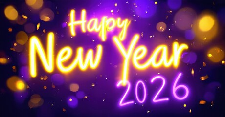 Bright neon text displays Happy New Year 2026 over purple bokeh background. Festive, celebratory design.