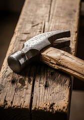Close Up of Hammer on Wooden Plank.