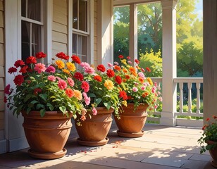 Colorful zinnias in terracotta pots grace a sun-drenched porch.