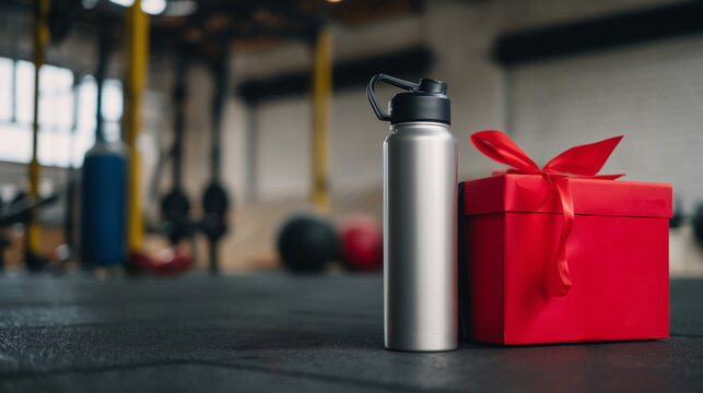 Stainless steel water bottle on gym floor for fitness holiday present. 