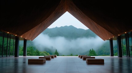Large room with a high ceiling and a view of a mountain range. the room has a tiled floor and large windows that offer a panoramic view of the mountains and trees.