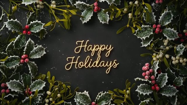 Festive happy holidays greeting card with mistletoe and holly decoration