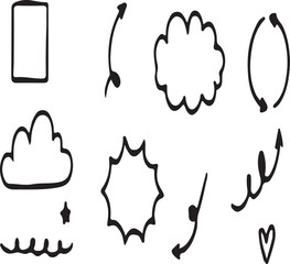  doodle cute  line sketch art  star, arrow, heart decoration element icon set. Hand drawn sketch star, emphasis, flower element line text decoration shape icon. Hand drawn vector illustration