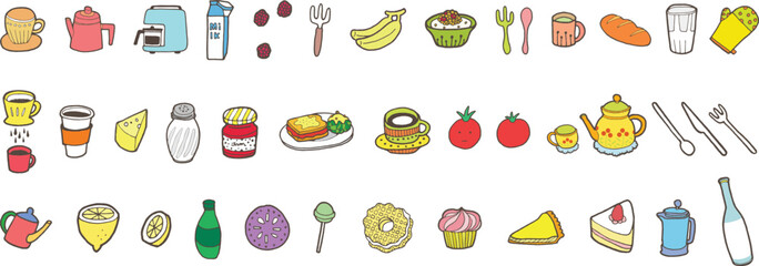 Kitchen, Cooking, Dining, and Coffee Line Drawing Elements.