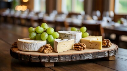 Rustic cheese platter with assorted cheeses grapes and walnuts indoors