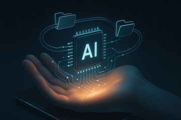 Hand holding artificial intelligence ai chip with glowing holographic folder connections and circuits