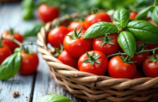 Cherry tomatoes in a woven basket with fresh green basil leaves on rustic wooden surface - Powered by Adobe