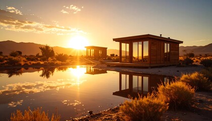 Sunset Over Cabins Reflecting in Peaceful Water Landscape