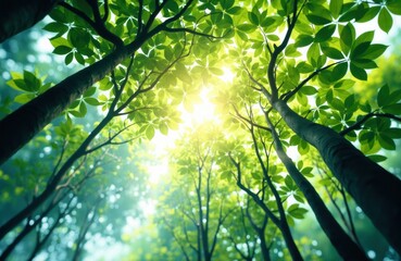 Fototapeta premium Sunlight filters through lush green tree canopy in a vibrant forest scene