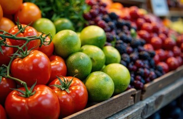 Fresh tomatoes and limes displayed on a market stall with colorful berries in the background