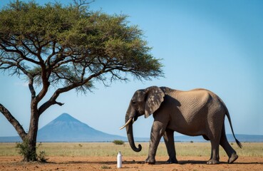 Obraz premium A majestic elephant standing beside a tree in a savannah landscape with Mount Kilimanjaro in the background