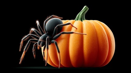 Pumpkin with black spider on dark background symbolizing spooky Halloween decoration, seasonal creepy tradition and haunted folklore holiday, Generative AI