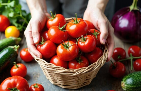Fresh red tomatoes in a wicker basket with assorted vegetables on a rustic surface