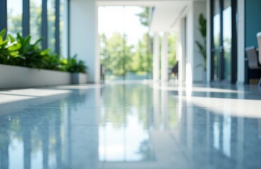 Fototapeta premium Bright modern corridor with large windows and natural light reflecting on polished floor