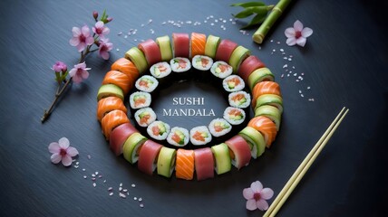 Sushi rolls in mandala with cherry blossoms and bamboo accents
