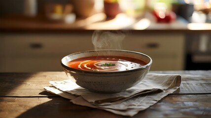 Steaming tomato soup with cream swirl in rustic ceramic bowl