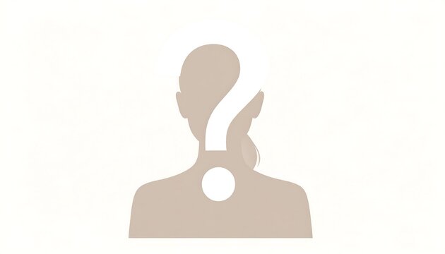 A neutral-toned silhouette of a woman's back, with a large question mark superimposed over her head, creating a thoughtful and enigmatic image.