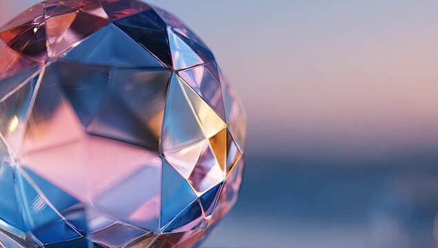 Faceted sphere refracts light, pastel sky backdrop