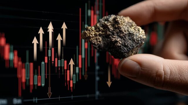 Hand holding raw gold with a financial stock chart showing market growth and investment potential in precious metals, symbolizing economic prosperity and wealth creation
