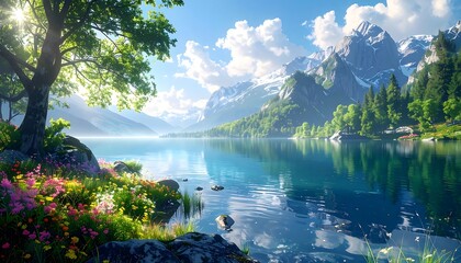 A serene mountain lake scene with vibrant flowers and lush greenery along the shore, reflecting a stunning mountain range under a clear sky.