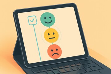 Illustrated laptop screen with customer satisfaction rating icons and survey feedback interface 
