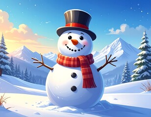 Obraz premium A cheerful snowman stands amidst a snowy landscape, adorned with a warm red and white scarf.