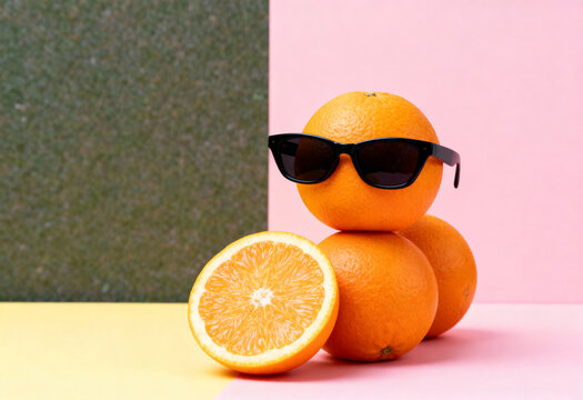 Funny orange with sunglasses against colorful background - funny concept