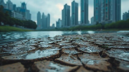 Dried cracked earth with puddles in a city landscape