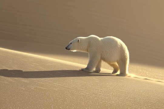A majestic polar bear takes an improbable stroll across golden desert dunes, casting long shadows. A poignant and conceptual image symbolizing resilience and unexpected adaptation