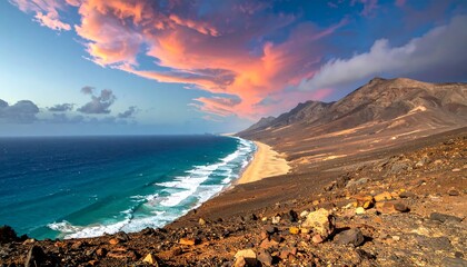 Dramatic coastal scenery showcases a dramatic sunset over a volcanic beach, with vibrant colors and a vast expanse of ocean.