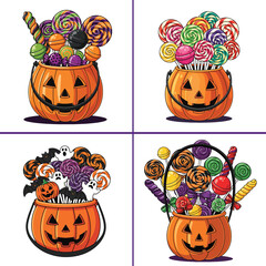 Halloween Pumpkin Candy Bucket Vector Set with Lollipops, Ghosts, and Bats