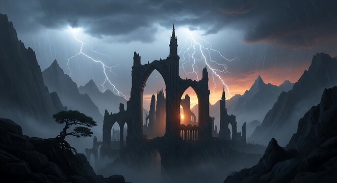 Ruined Castle in Mountainous Landscape.