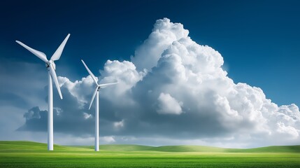 Fototapeta premium Wind turbines in green field under blue sky with dramatic clouds symbolizing renewable energy, environmental sustainability and clean electricity generation, Generative AI