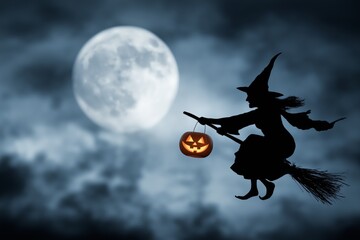 Fototapeta premium Silhouette of witch flying on broomstick across full moon with eerie night sky representing spooky Halloween folklore and magical tradition, Generative AI